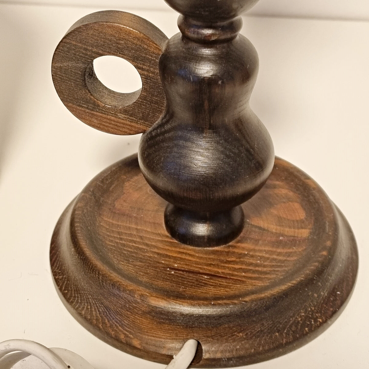 Pair of 1970s carved wood table lamps with striped fabric shades – photo 5