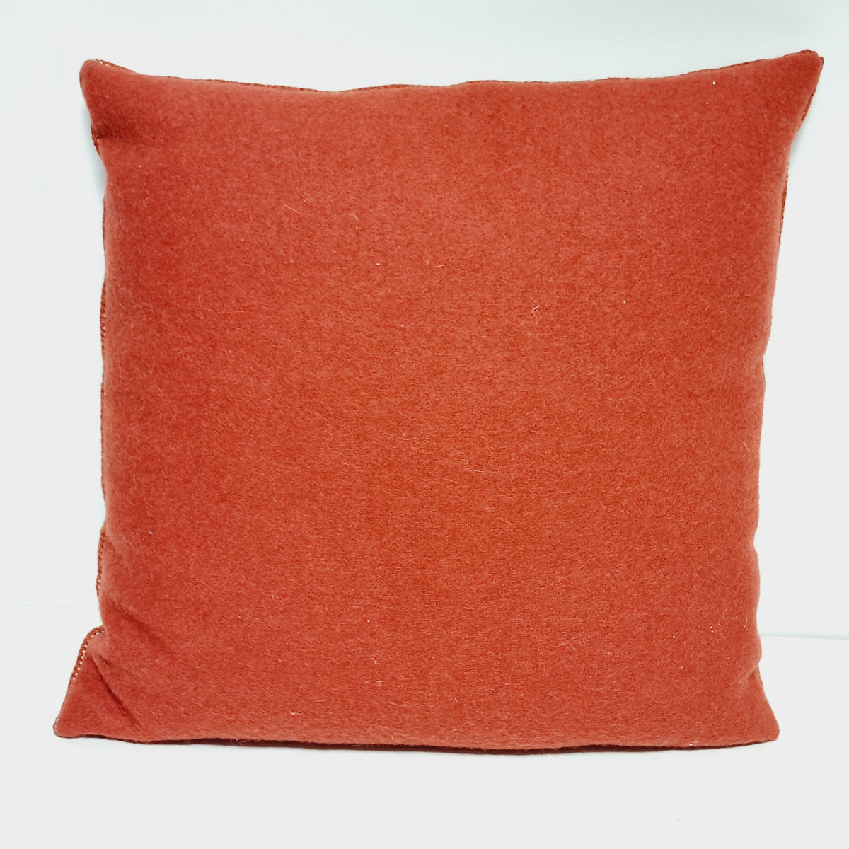 Plain rust orange fabric back of the square vintage embroidered pillow