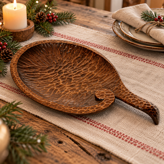 Carved wooden leaf dish styled on a table with pine branches and candle