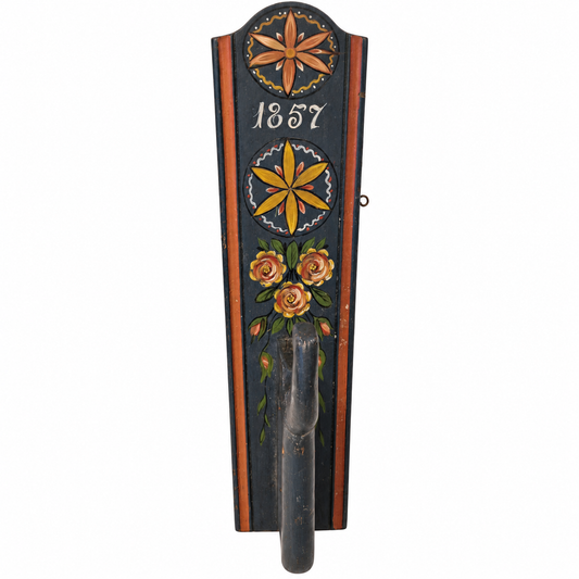 Antique Swedish folk art wall hook with hand painted blue backboard, rosettes and 1857 date