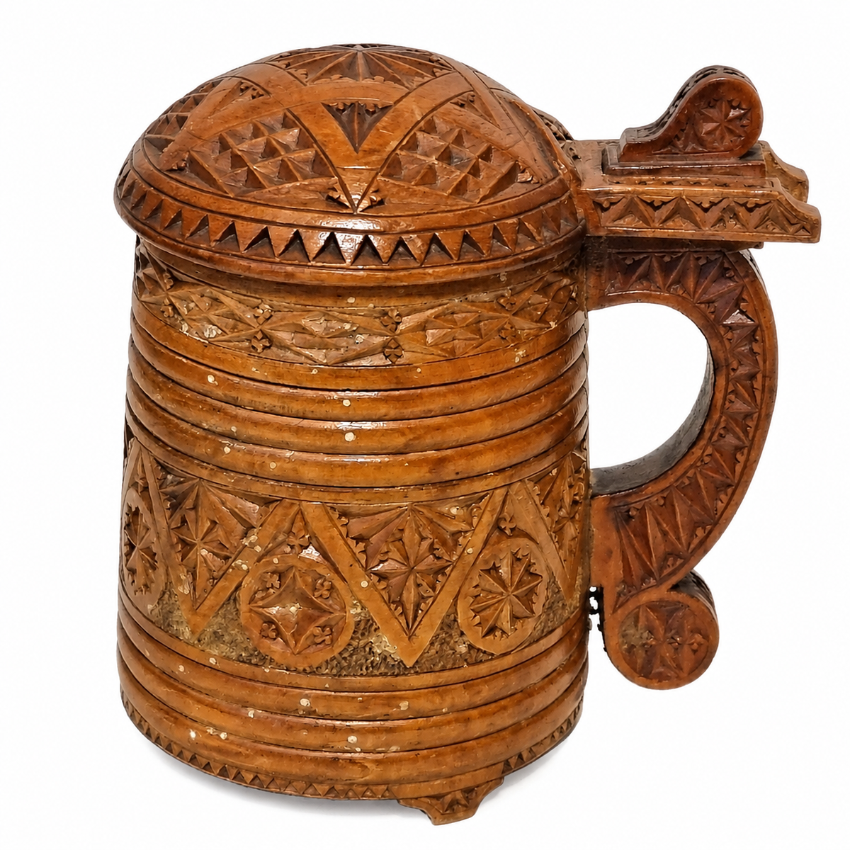 Antique chip carved Scandinavian wooden tankard with lid, dated 1875