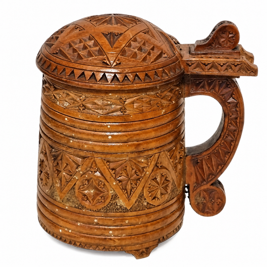 Antique chip carved Scandinavian wooden tankard with lid, dated 1875
