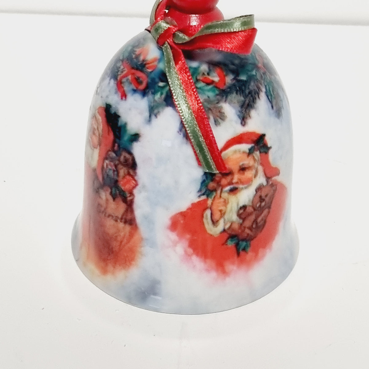 Porcelain Christmas bell with old world Santa and red wooden handle, photo 5