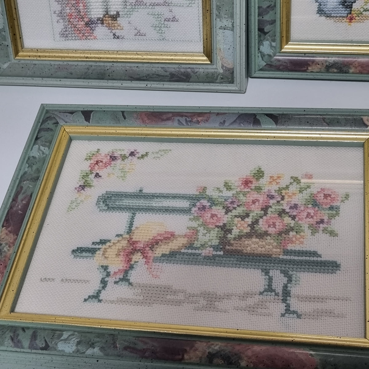 Framed cross stitch garden scene, hand stitched needlework, photo 5