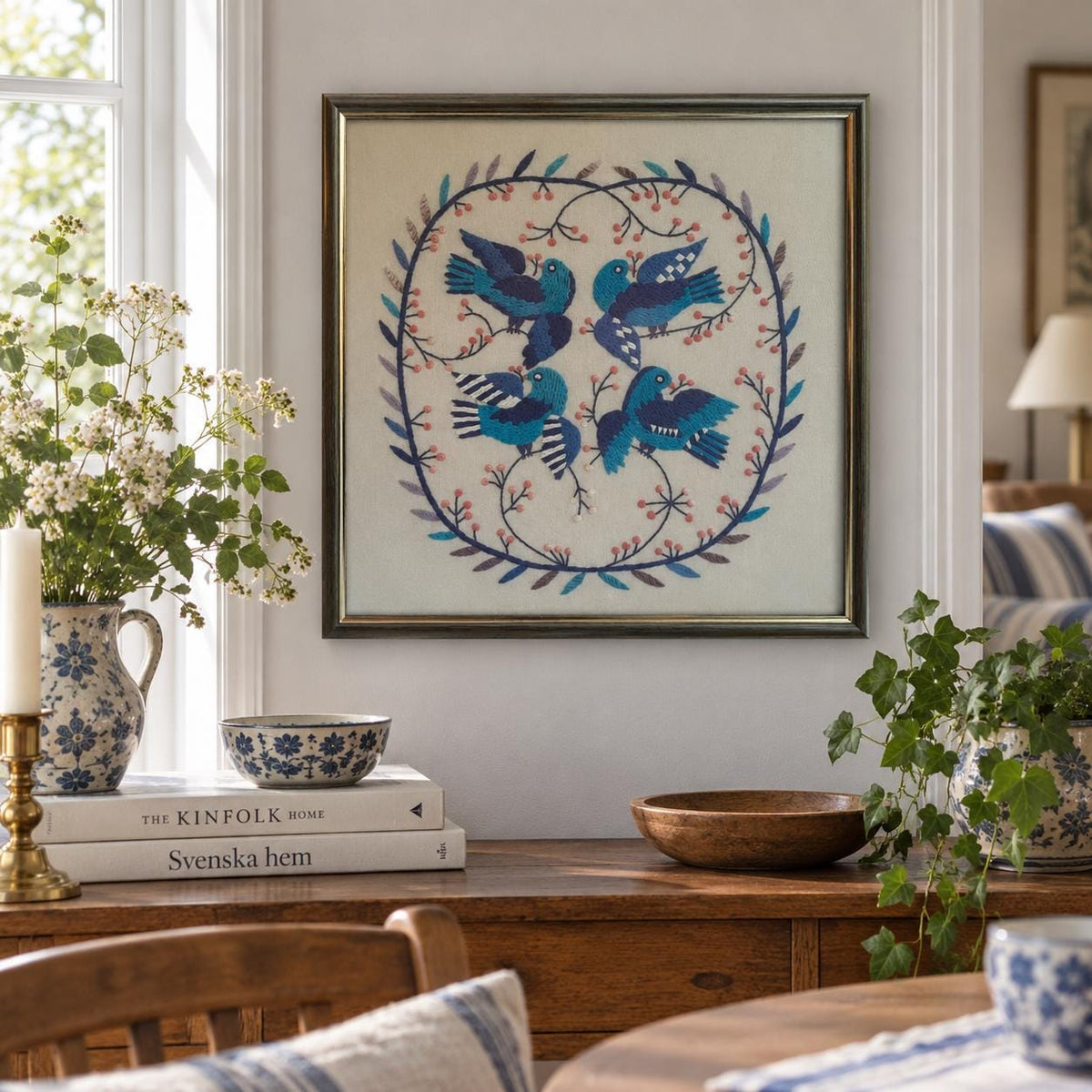 Framed Swedish Blekingesöm embroidery of four blue birds on linen – photo 7