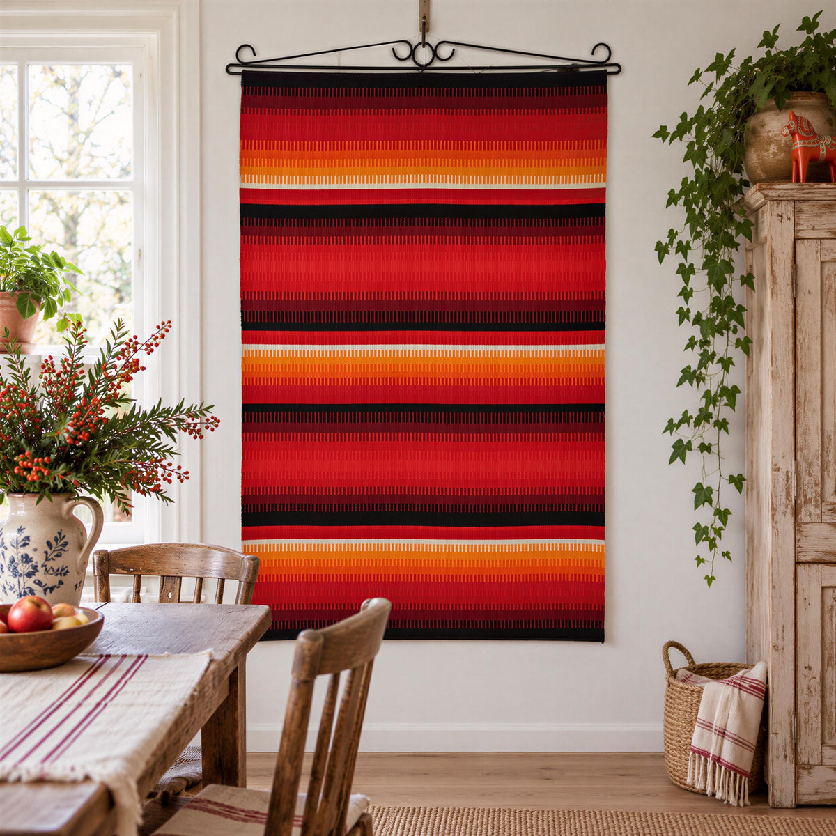a dining room with a large, colorful, striped tapestry hanging on the wall above a wooden table and chairs. The tapestry has a vibrant red, orange, and black color scheme. The dining table is set with a vase of flowers and a basket of blankets, creating a cozy and inviting atmosphere.