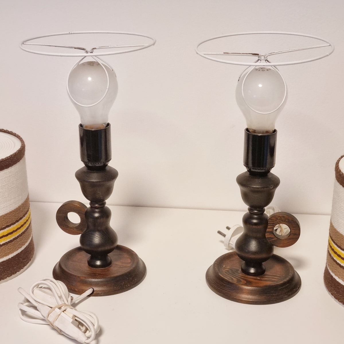 Pair of 1970s carved wood table lamps with striped fabric shades – photo 8