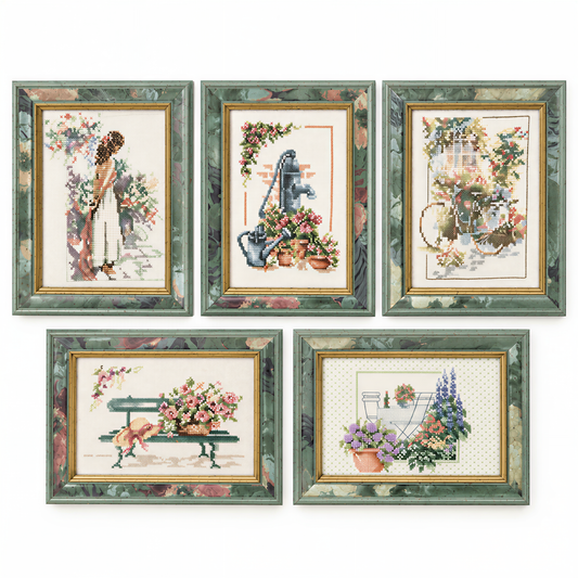 Framed cross stitch set of 5, hand stitched country garden scenes, photo 1