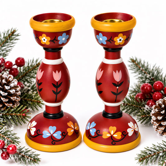 Pair of Swedish red hand-painted wooden candlesticks with tulips – photo 2