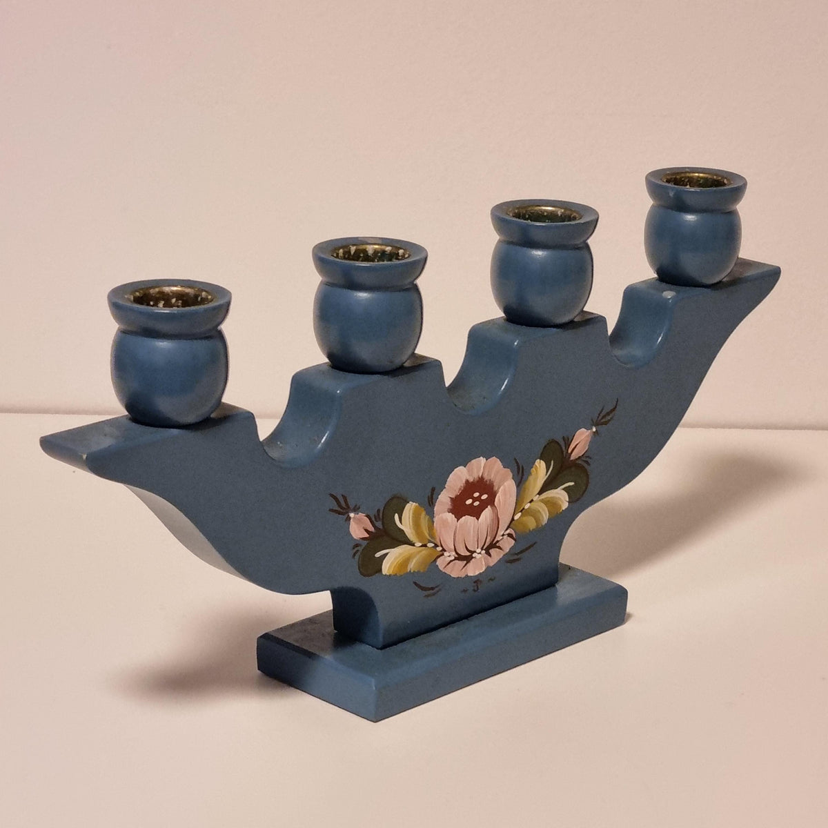Swedish blue wooden candelabra with hand-painted Kurbits flowers – photo 7