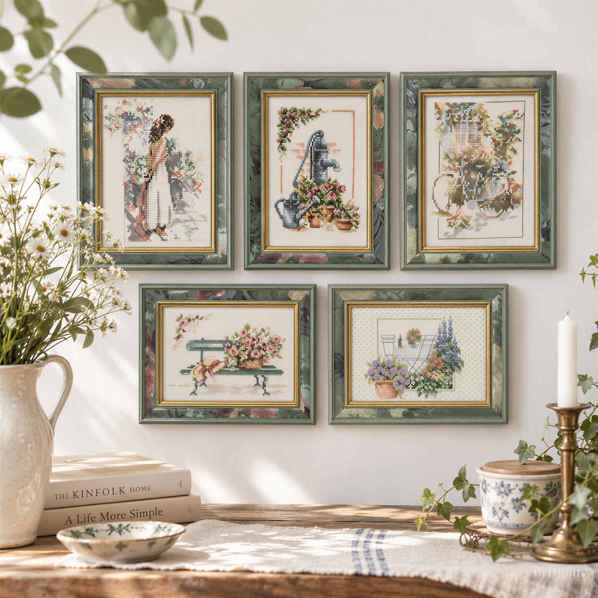 Framed cross stitch set of 5, hand stitched country garden scenes, photo 2