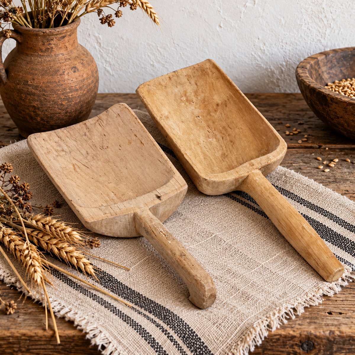 Pair of antique Swedish wooden scoops styled with grain as farmhouse kitchen decor