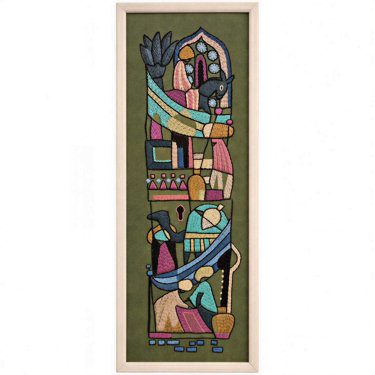 Framed Swedish folk art embroidery with figures and horses on olive green