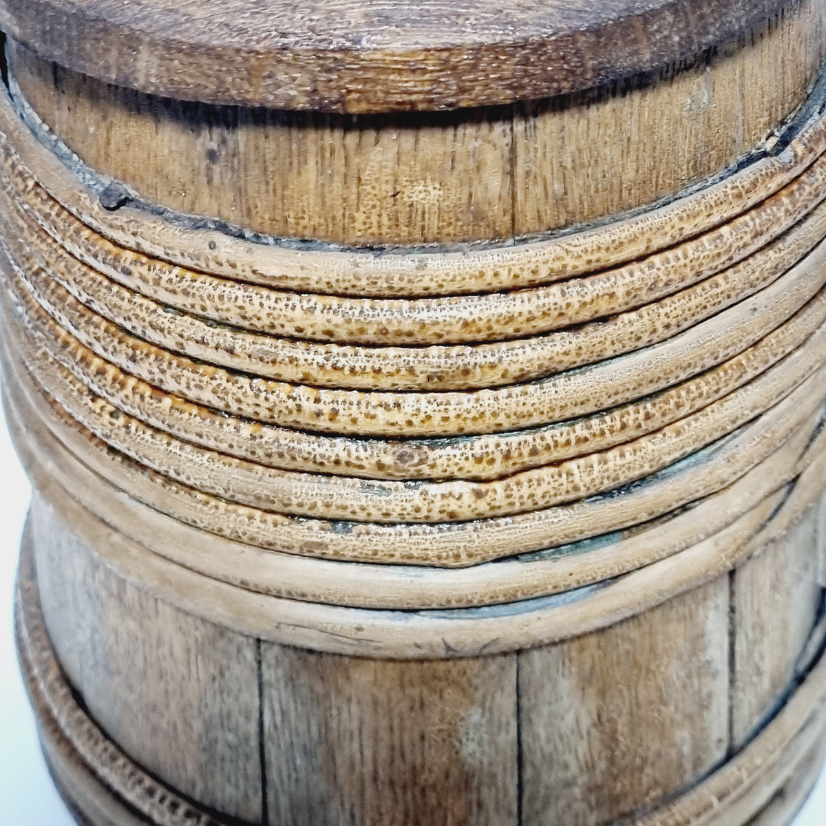 Split-branch banding on staved Scandinavian folk art tankard