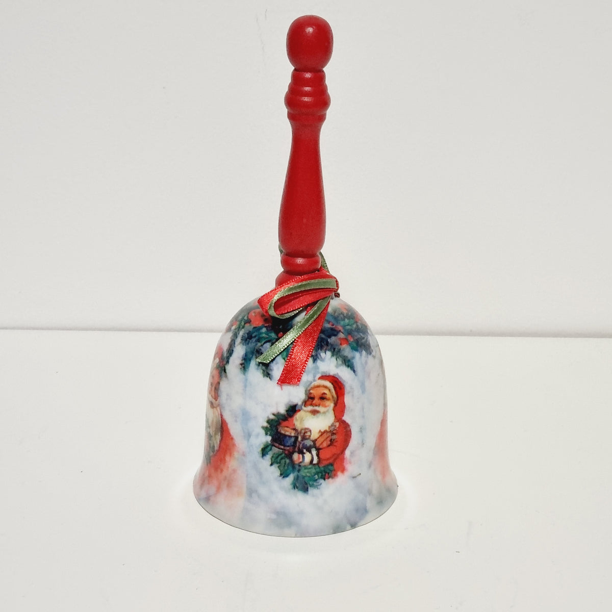 Porcelain Christmas bell with old world Santa and red wooden handle, photo 3