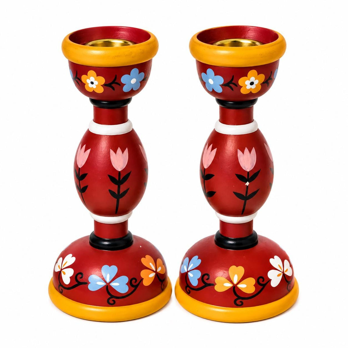 Pair of Swedish red hand-painted wooden candlesticks with tulips