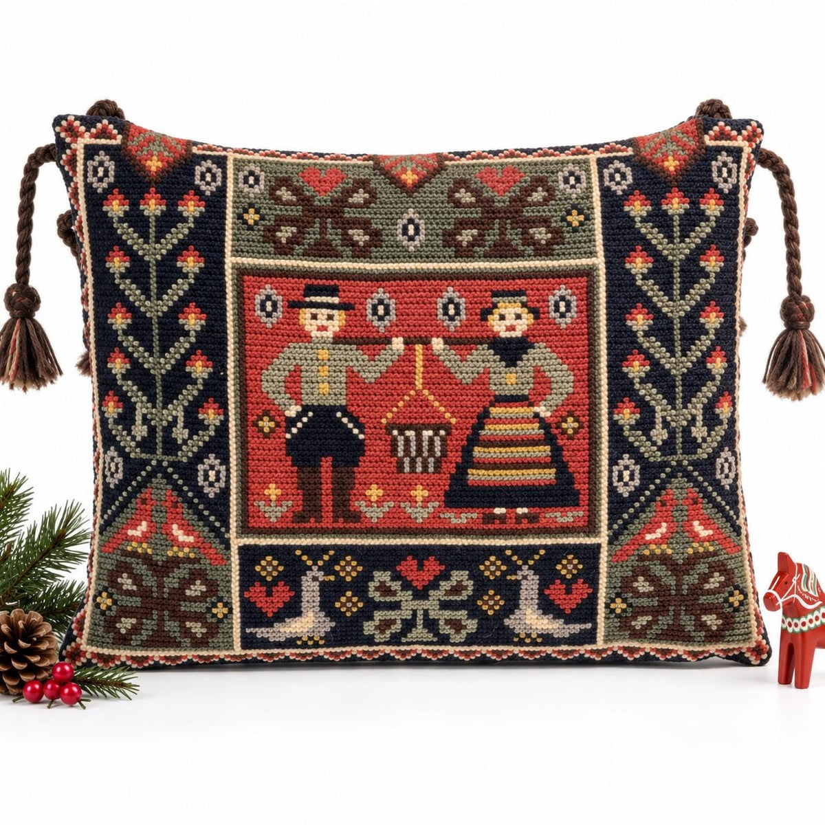 Swedish Allmoge wool needlepoint cushion with folk figures and tassels