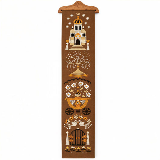 The image is a vertical banner with various decorative elements, including a castle, a fountain, and other ornate designs.