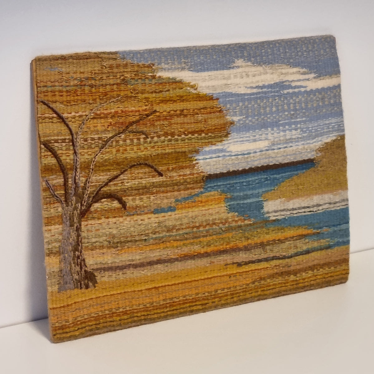 Swedish handwoven landscape tapestry with autumn tree and blue lake – photo 2