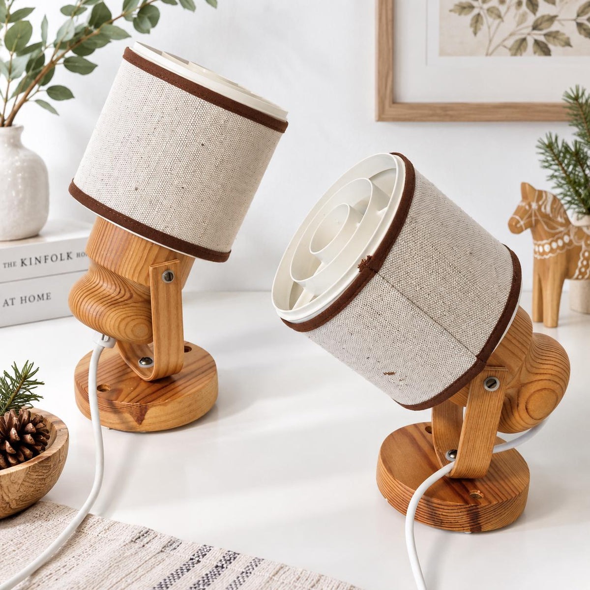 Pair of 1970s Swedish pine wall sconces with linen shades