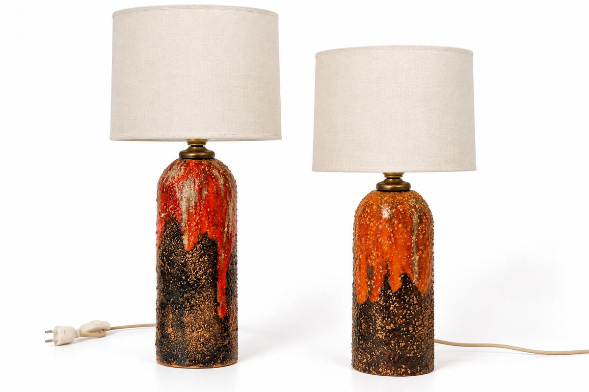 Pair of West German fat lava ceramic table lamps, 1970s, UK 74