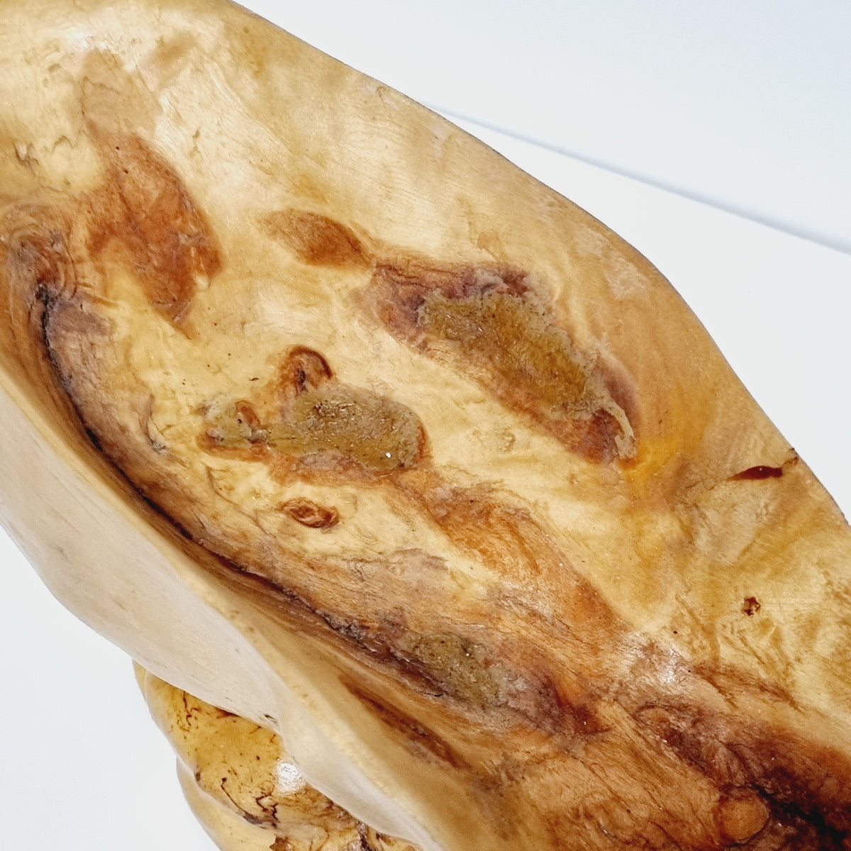 Natural root knots and bark inclusions inside wooden bowl