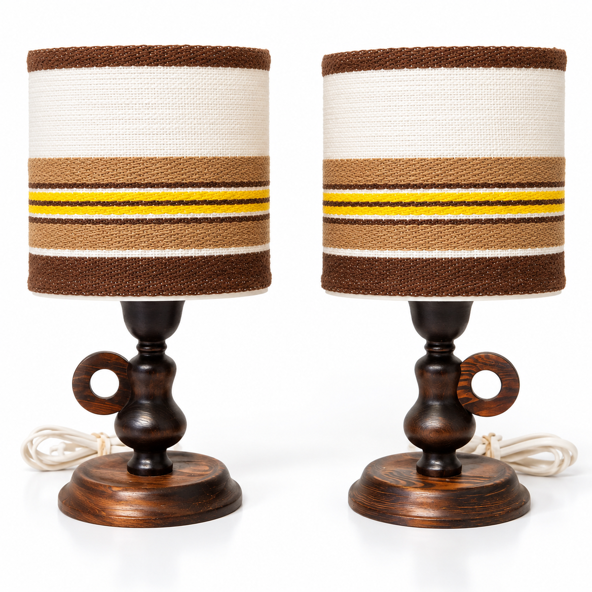Pair of 1970s carved wood table lamps with striped fabric shades