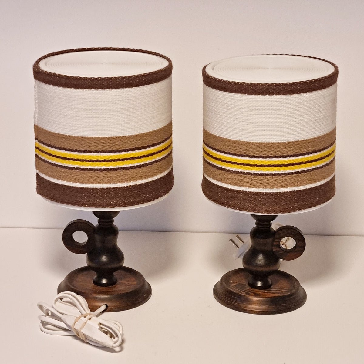 Pair of 1970s carved wood table lamps with striped fabric shades – photo 6