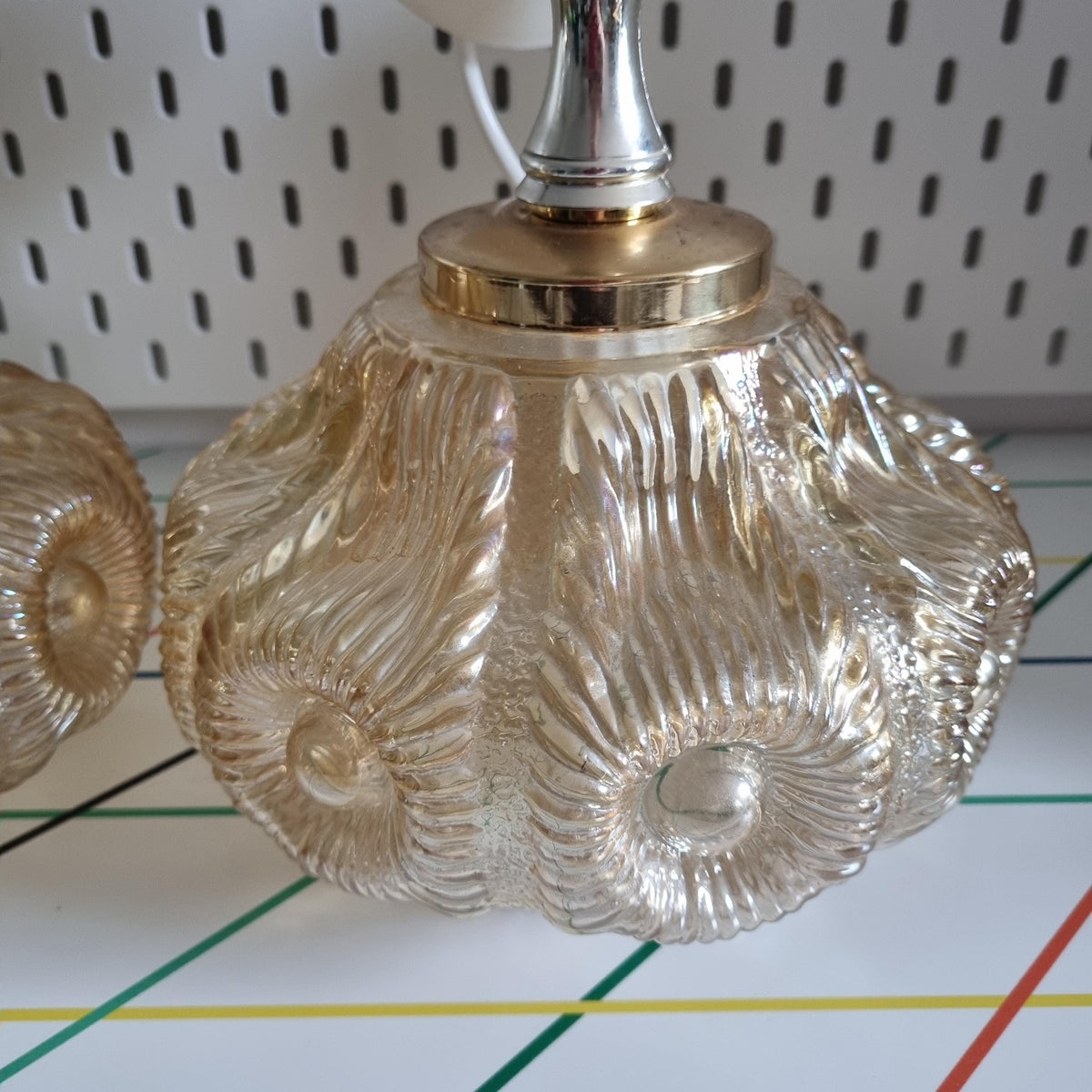 Pair of 1960s Swedish pressed glass pendant lights with brass-tone fittings – photo 4