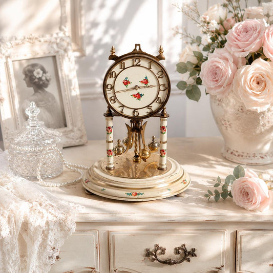 KUNDO 400 day anniversary clock, brass mantel clock with painted florals