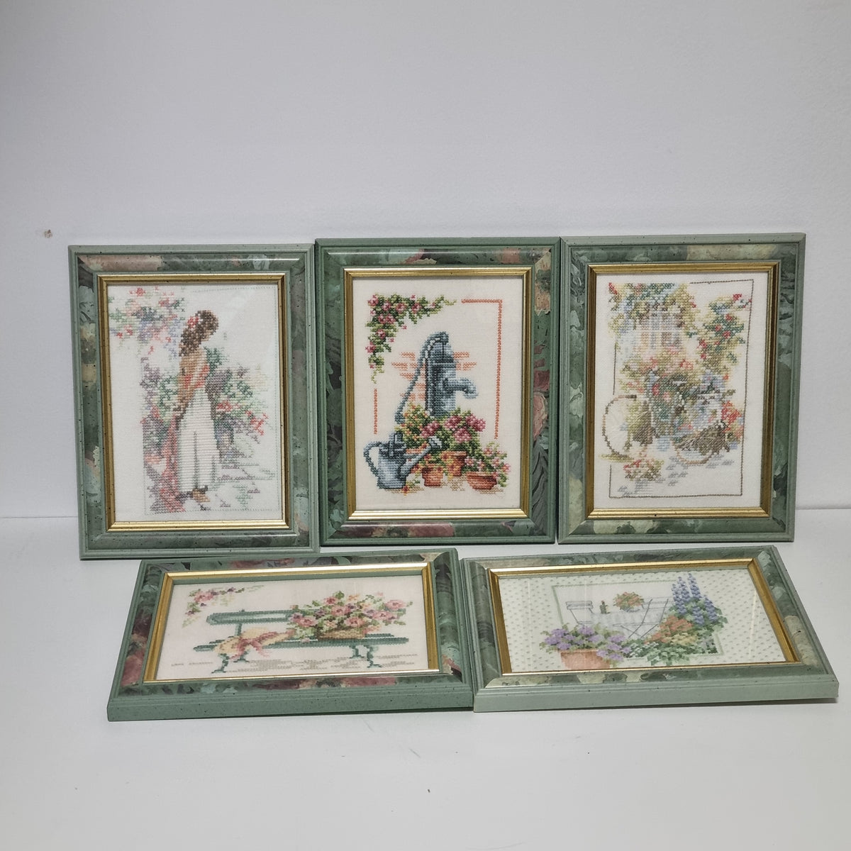 Framed cross stitch set of 5, hand stitched country garden scenes, photo 3