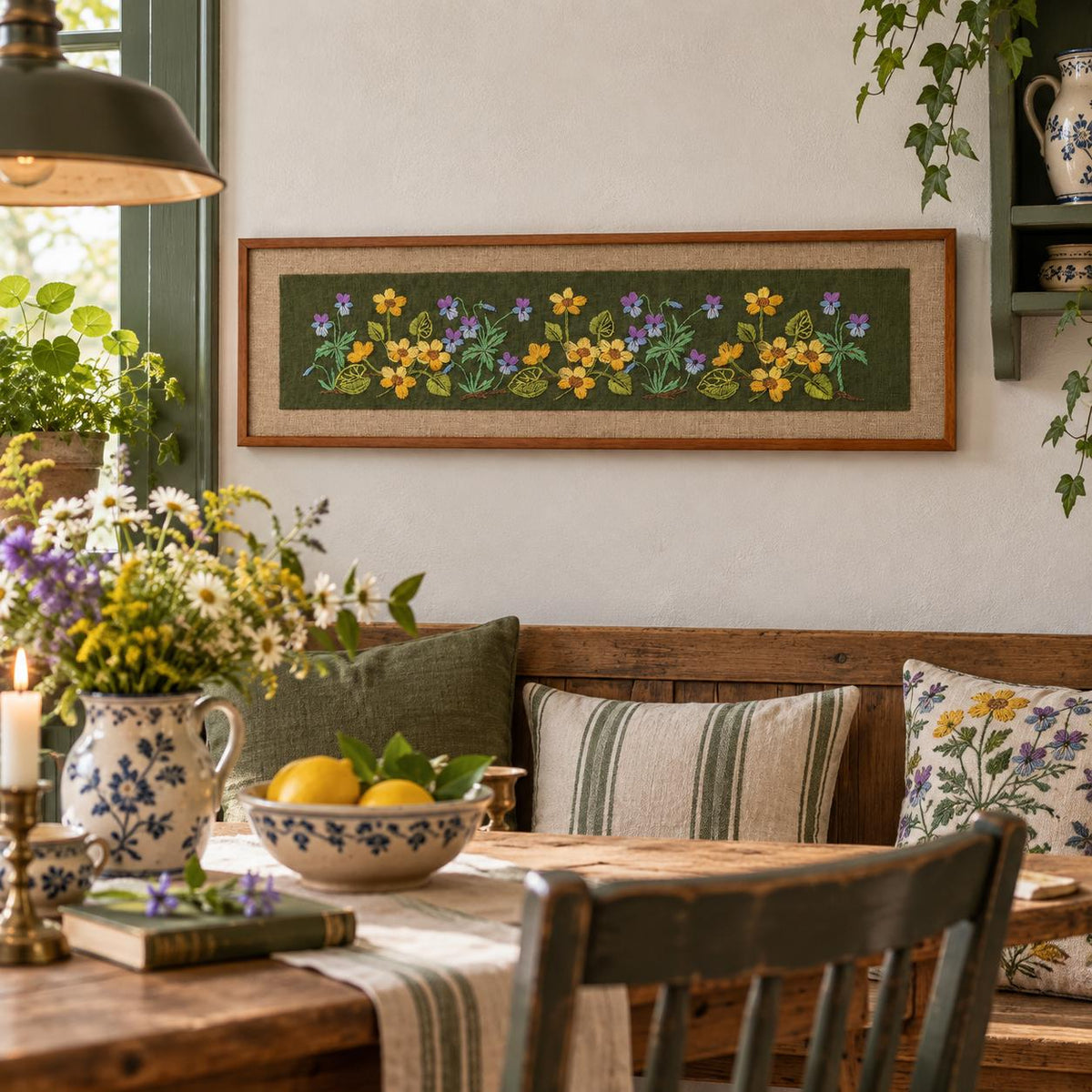 Swedish wildflower embroidery on moss green in solid teak frame – photo 7