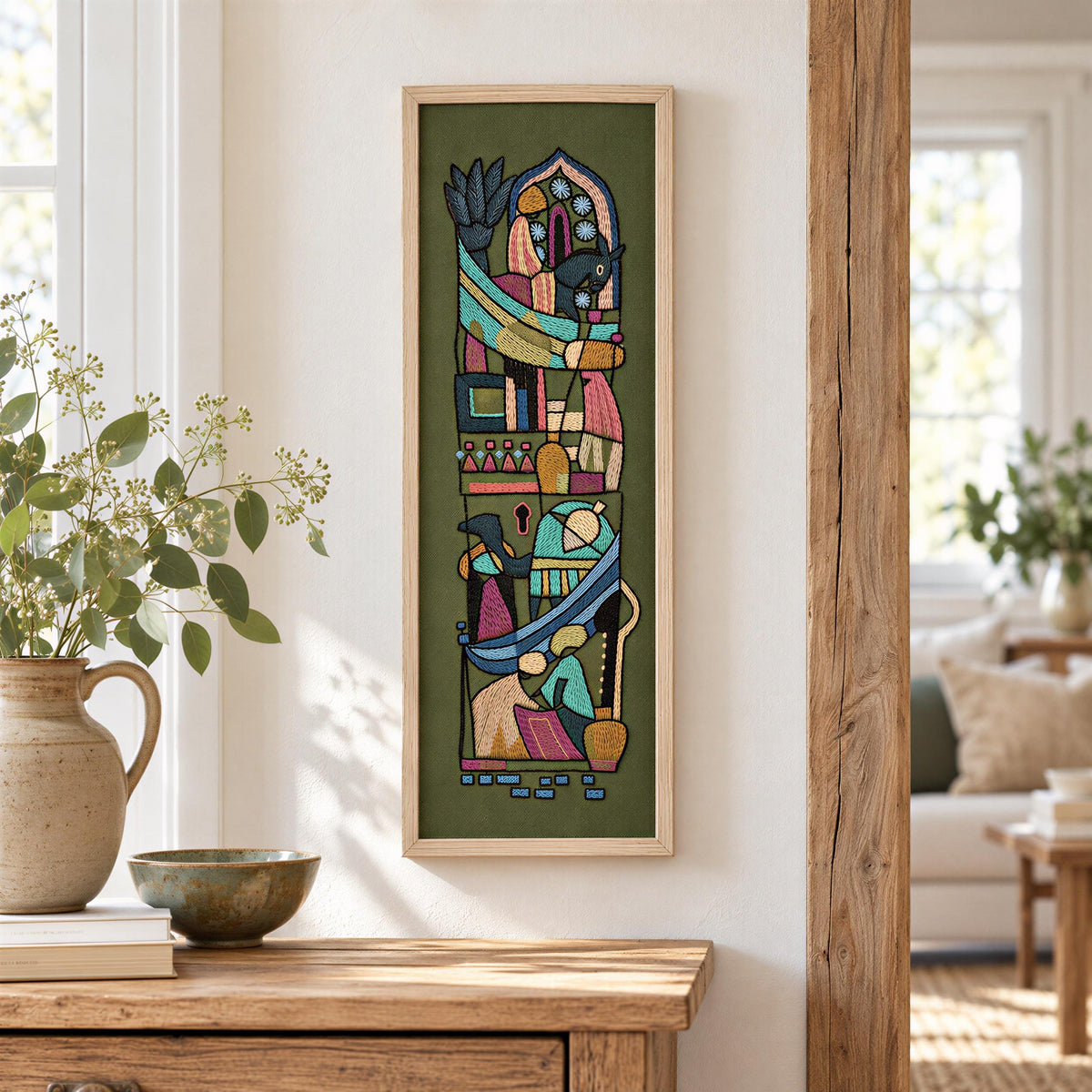 Framed Swedish folk art embroidery with figures and horses on olive green – photo 2