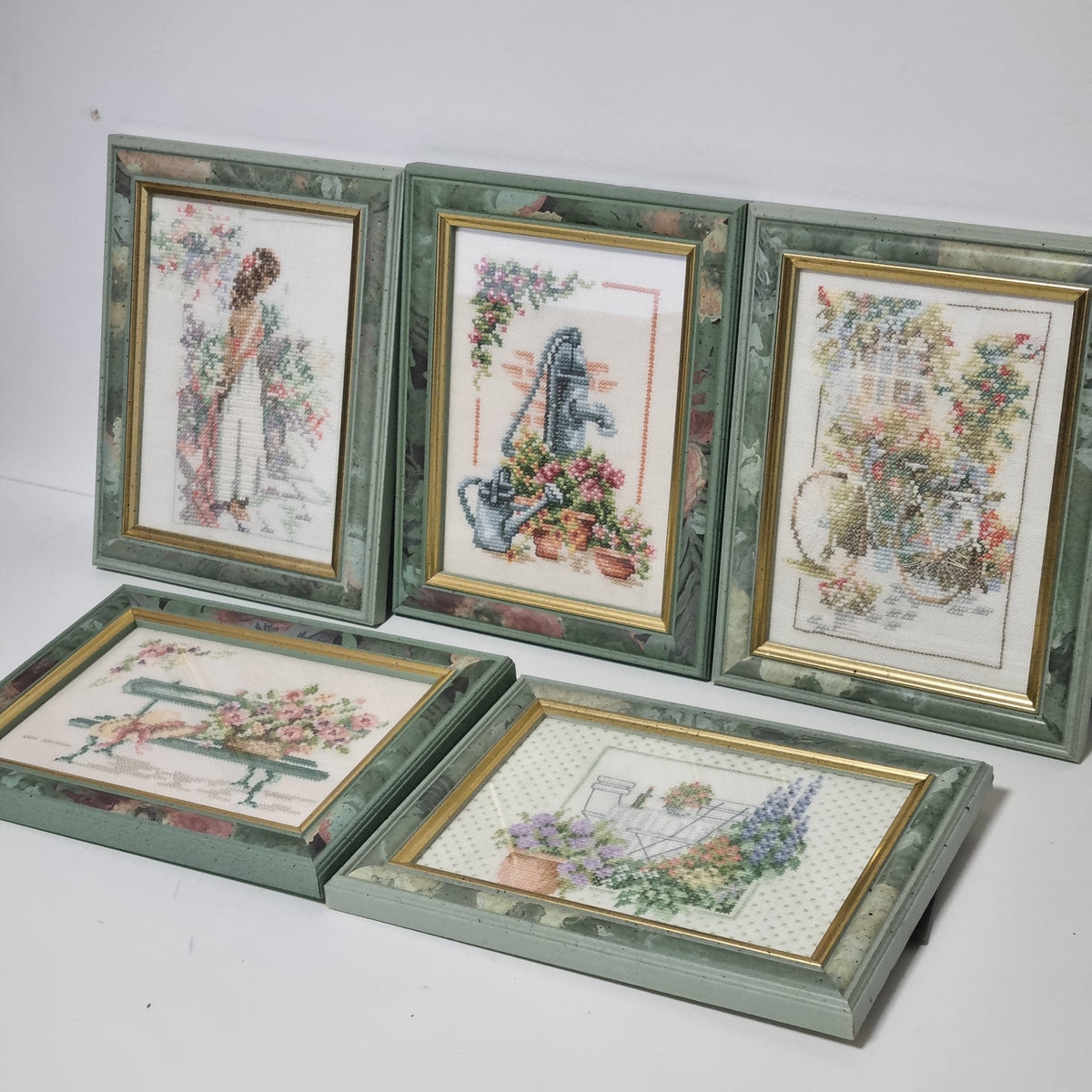 Framed cross stitch set of 5, hand stitched country garden scenes, photo 10