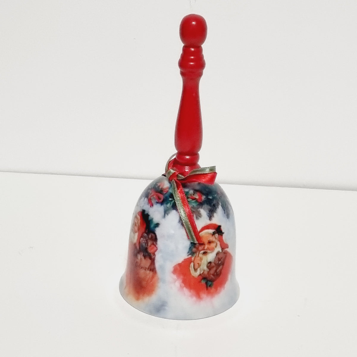 Porcelain Christmas bell with old world Santa and red wooden handle, photo 2