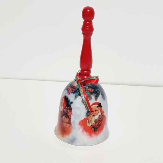 Porcelain Christmas bell with old world Santa and red wooden handle, photo 2