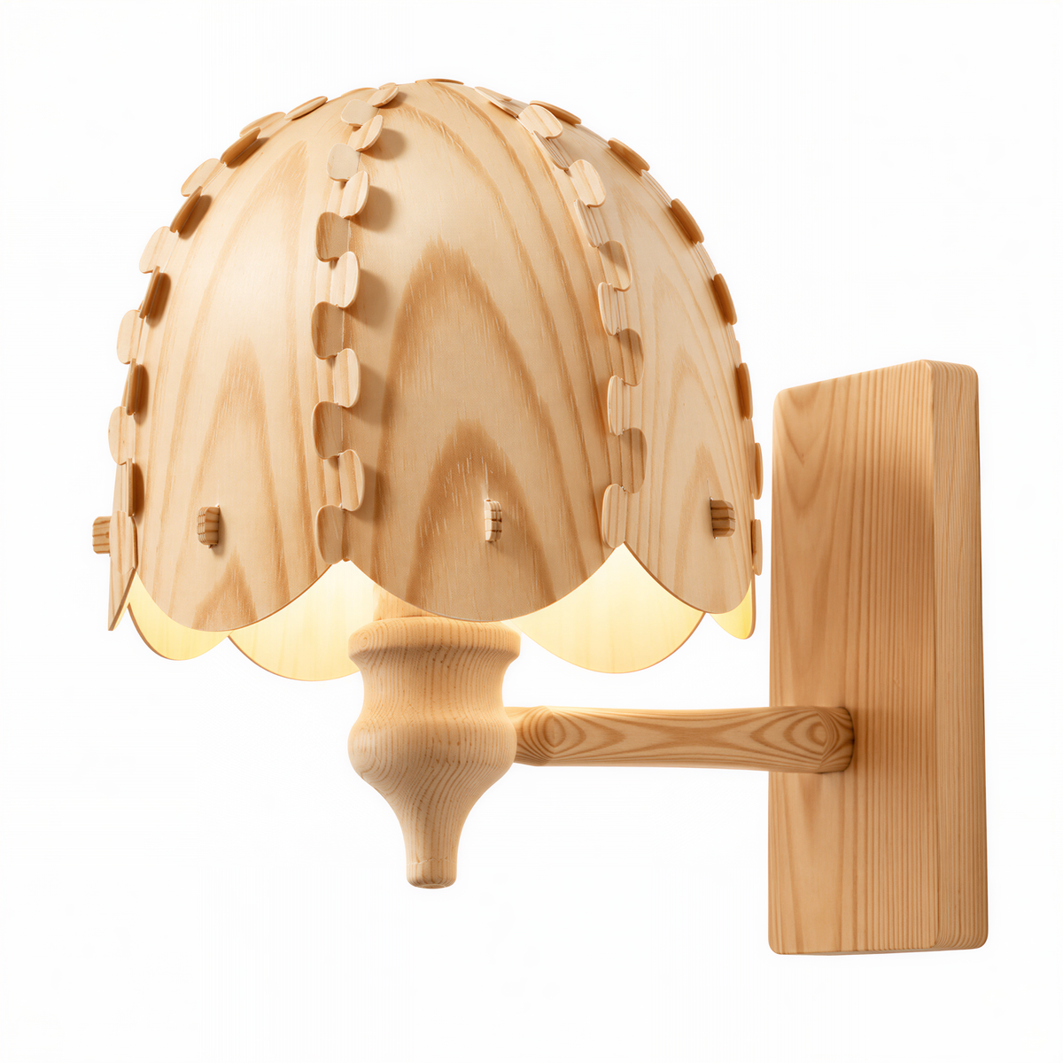 A wooden lamp with a scalloped shade is mounted on a wooden wall.