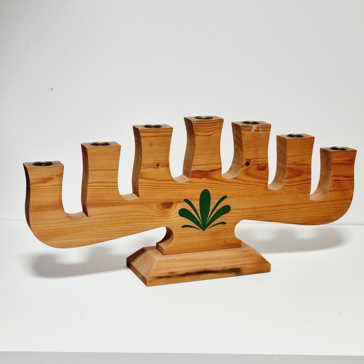 Vintage Swedish seven-arm pine candelabra with green leaf motif