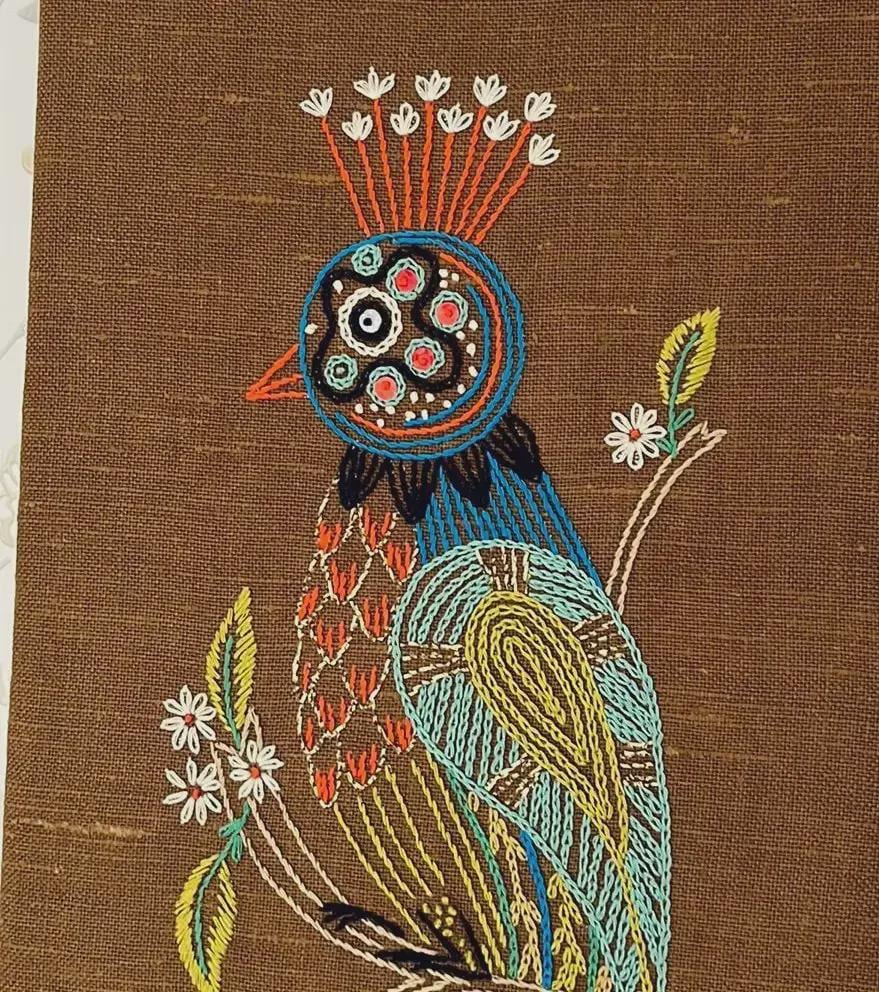 Swedish 1970s hand-embroidered peacock wall art in solid teak frame – photo 4