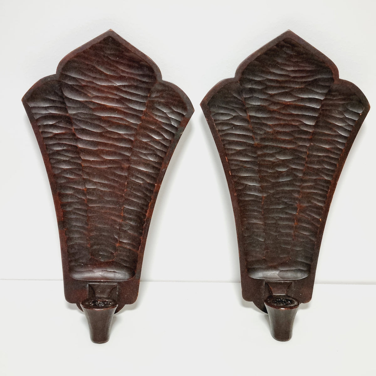 Pair of Steneby gouge-carved wooden candle wall sconces