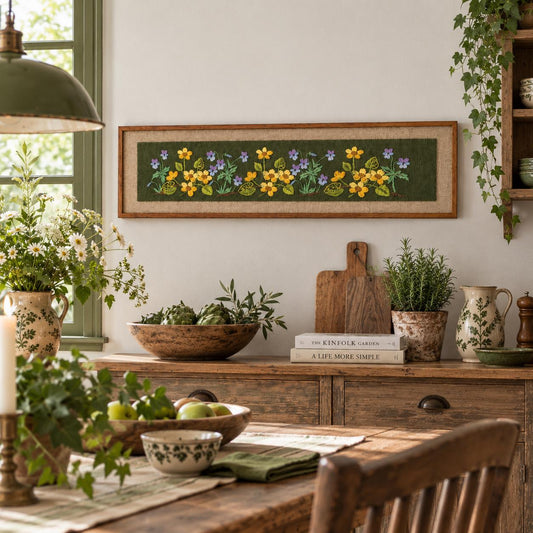 Swedish wildflower embroidery on moss green in solid teak frame – photo 2