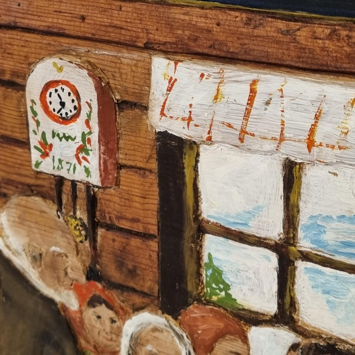 Swedish folk art painted wood relief of villagers in a rural cottage – photo 5