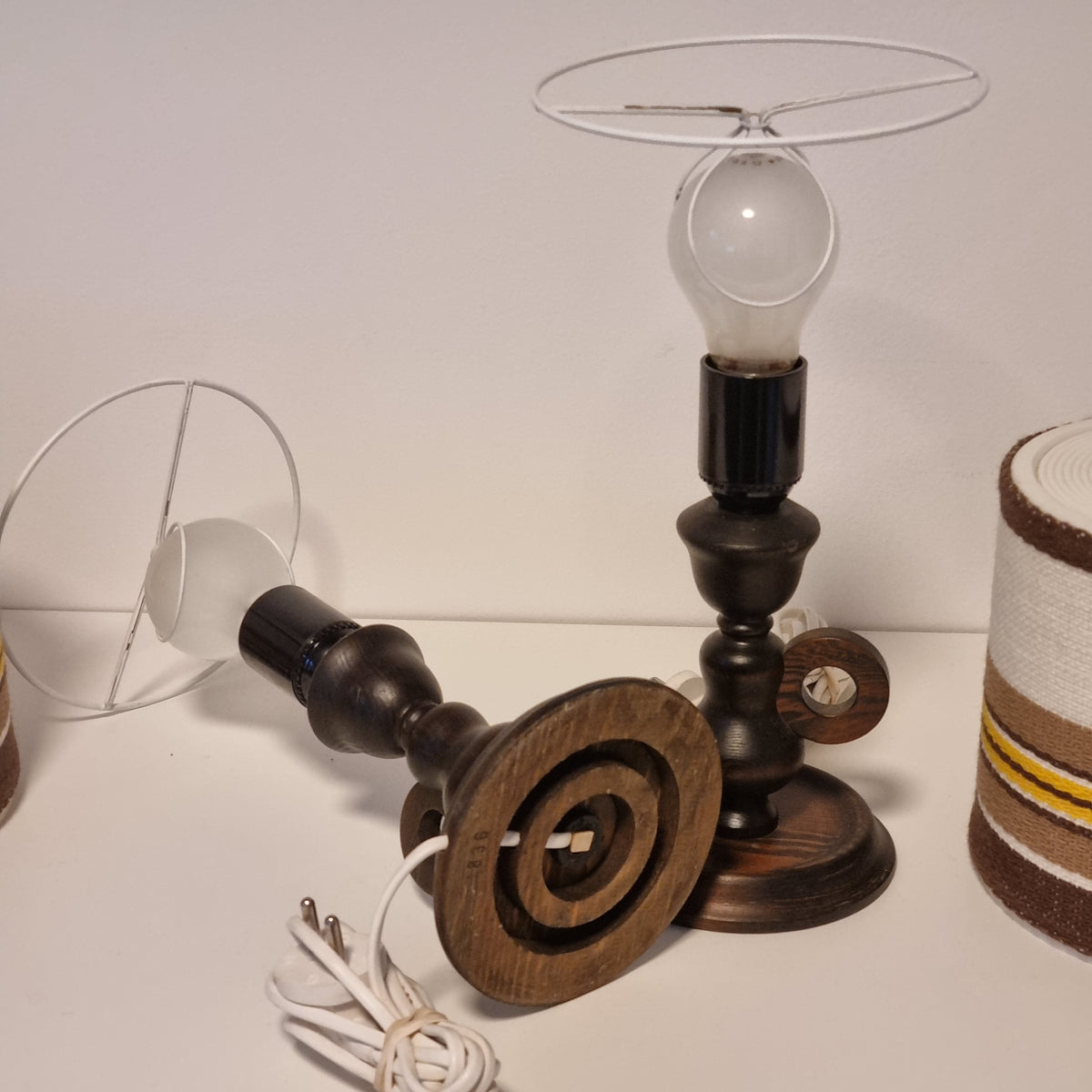 Pair of 1970s carved wood table lamps with striped fabric shades – photo 9