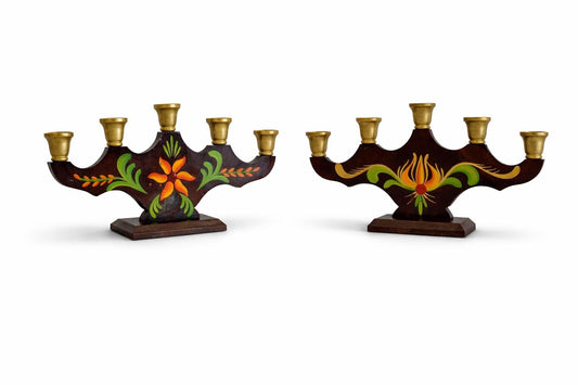 Pair of Swedish hand-painted kurbits five-arm wooden candelabras, 1960s