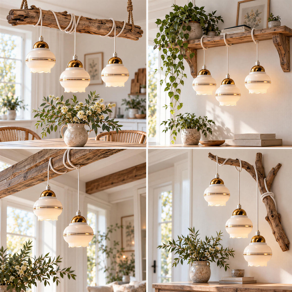 Swedish opaline pendant lights, set of 3, white milk glass with brass – photo 4