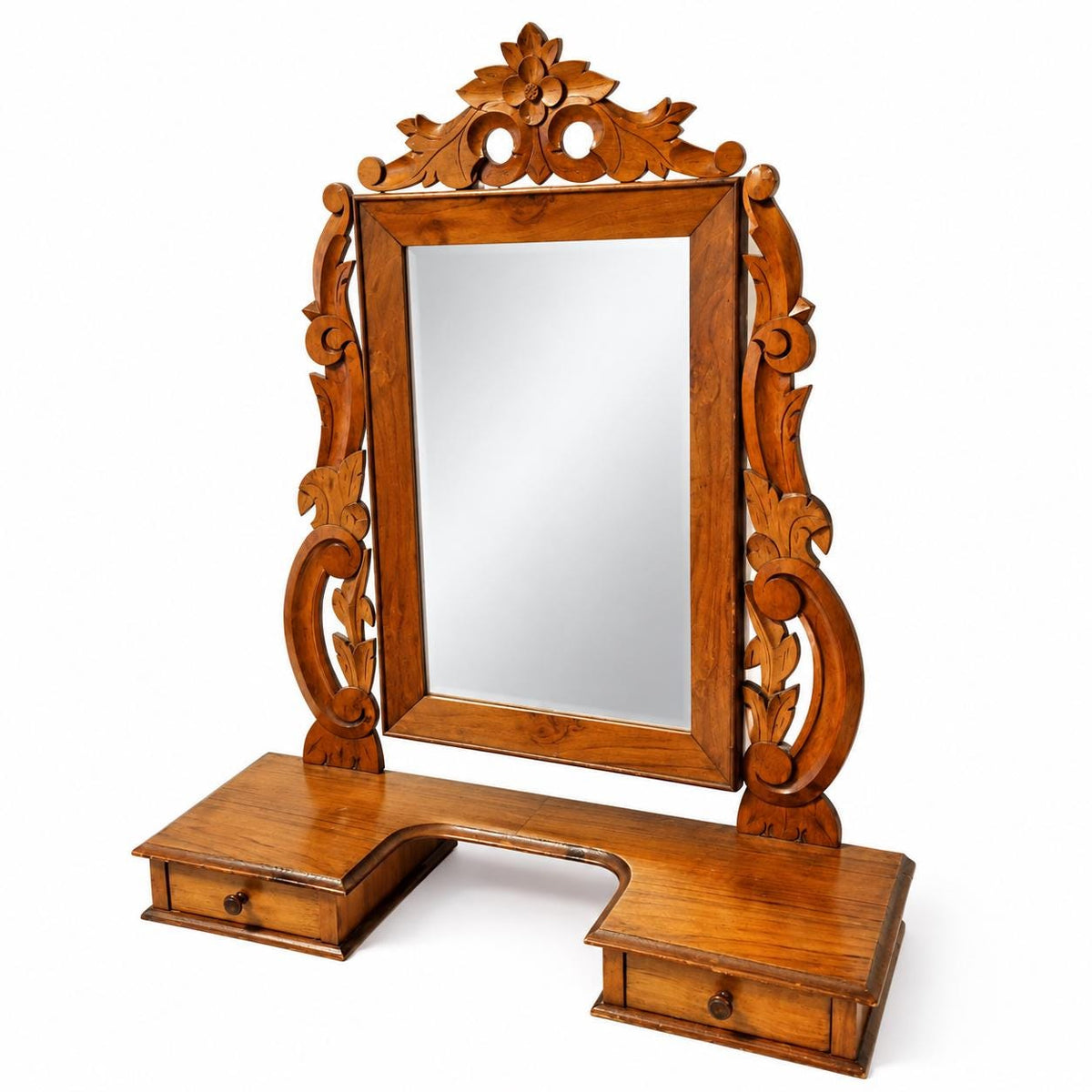 Antique carved walnut dressing table mirror with tilting mirror and drawer – photo 2