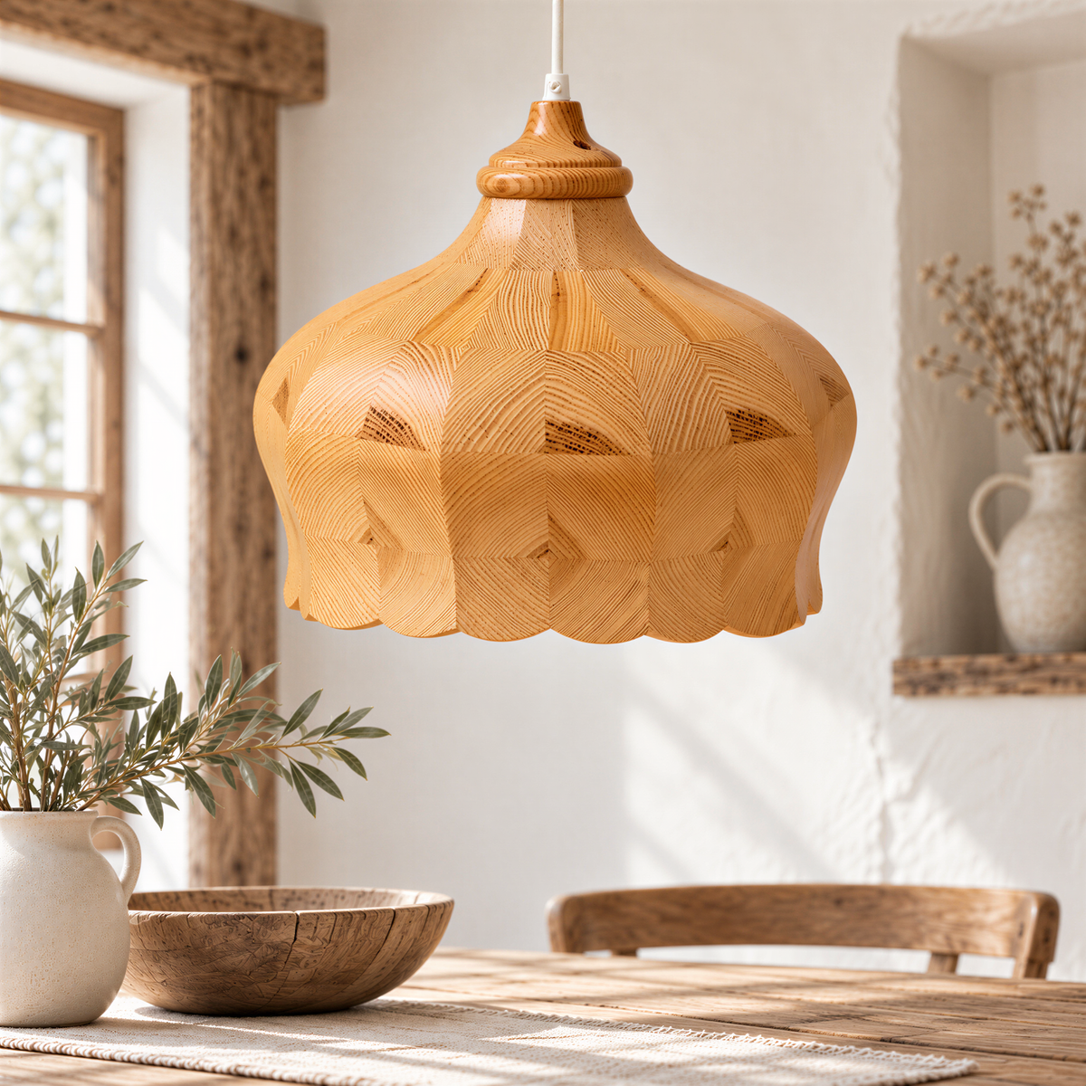 Scandinavian pine pendant light hanging over a wooden dining table, styled interior