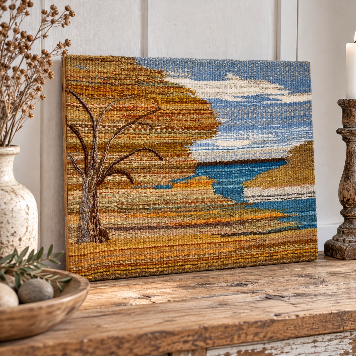 Swedish handwoven landscape tapestry with autumn tree and blue lake