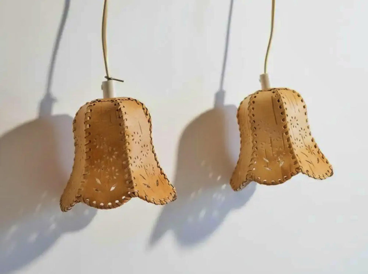 Hand-carved woven birch bark pendant light, Scandinavian hanging lamp – photo 8