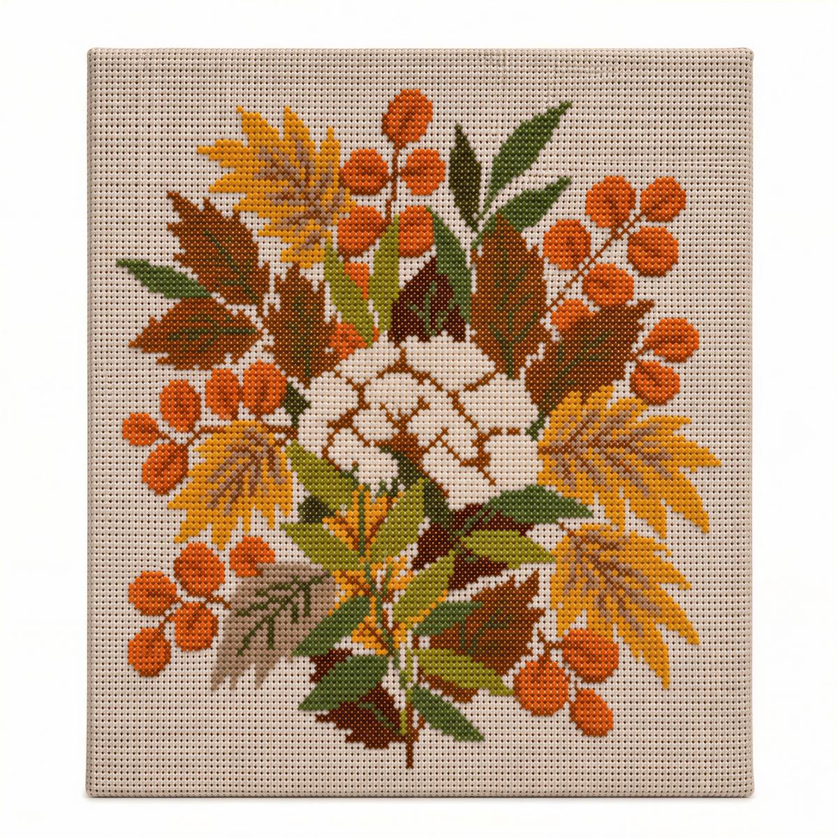 Swedish floral cross stitch wall art with golden flowers and orange berries